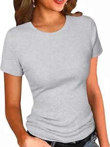 Women's Crew Neck Ribbed Fitted Shirt Basic Short Sleeves Summer T Shirt Tops - Picture 1 of 1