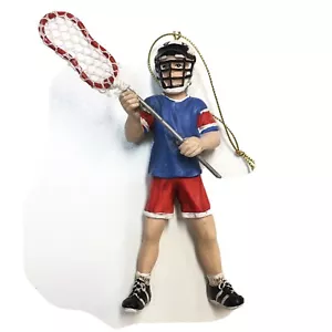 Lacrosse Player Figurine Boy Blue & Red Christmas Tree Hanging Ornament Resin - Picture 1 of 4