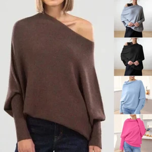 Maglione donna pullover slouch pipistrello manica lunga casual tinta unita maglia morbida nuovo - Foto 1 di 29