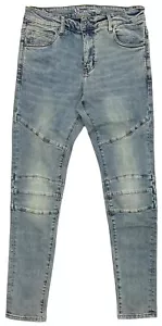 Crysp Denim Men's Biker Moto Indigo Stonewashed Skinny Fit Stretch Denim Jeans - Picture 1 of 4