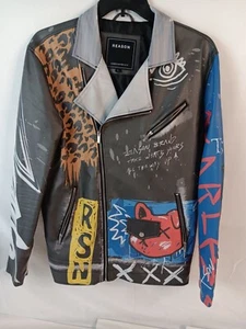 Reason Mens Graphic Faux Leather Jacket With Zippers & Bold Art Design - Size L - Picture 1 of 7