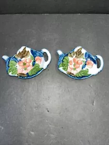 Set Of 2 Floral Print Teapot Porcelain Glazed Tea Bag Dishes - Picture 1 of 4