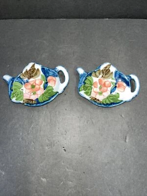 Set Of 2 Floral Print Teapot Porcelain Glazed Tea Bag Dishes - Image 1 of 4