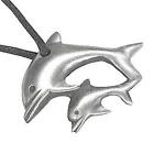 Mother And Baby Dolphins Pewter Pendant Necklace Nickel Free With Black Cord Usa