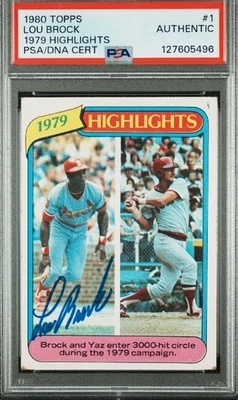 1980 Topps - 1979 Highlights Carl Yastrzemski, Lou Brock #1 PSA Auto Lou Brock  - Image 1 of 2