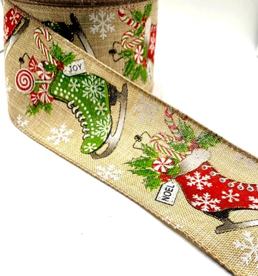 Christmas Skates 2.5" by 5 yd Red Green on Natural Wired Ribbon Snowflakes JOY - Image 1 of 4