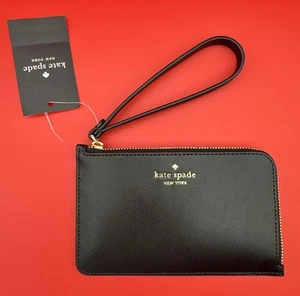 NWT Kate Spade Lucy Black Leather L-Zip Small Wristlet Card Holder KM457 - Picture 1 of 7