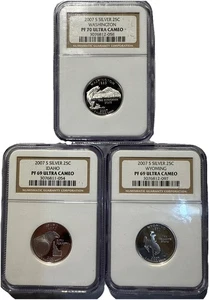2007-S Silver Quarters NGC PF69/PF70 Lot: WA, ID, WY – Ultra Cameo - Picture 1 of 10