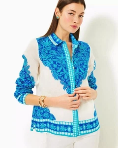 Lilly Pulitzer Kiran Button Down Top Breezy Aqua/White Linen Blend Size XL NWT - Picture 1 of 7