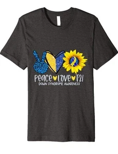 XL Peace LOVE T21 Down SYNDROME Awareness Shirt Women's Sunflower 🌻 💛 Gray  - Picture 1 of 5