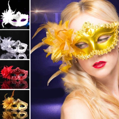 ❤Glitter Masquerade Feather Venetian Mask Fancy Dress Party Theme Ball Eye Mask❤ - Image 1 of 4