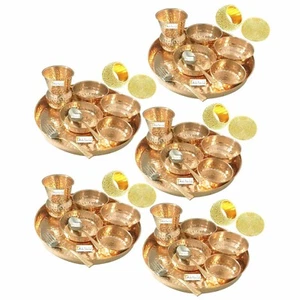 Set of 5 Indian Dinnerware Copper Traditional Dinner Service Sets Of Thali Plate - Picture 1 of 4