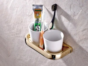 Gold Color Brass Wall Mount Bathroom Toothbrush Holders Dual Ceramic Cups mba846 - Picture 1 of 5