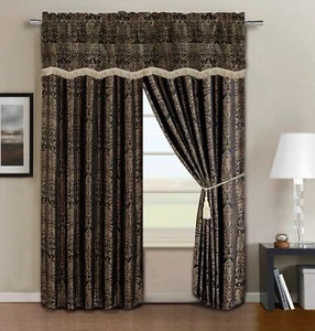 Valencia 4-teiliges schweres Jacquard schwarz/gold Blumen Fenstergardine Set - Bild 1 von 1
