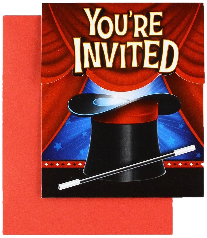 Magic Party Magician Illusion Trick Kids Birthday Party Invitations w/Envelopes - Image 1 of 1