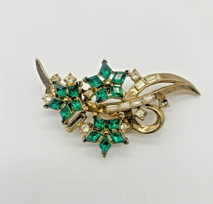 Vintage Alfred Phillipe Crown Trifari Green Rhinestone Flower Brooch - Picture 1 of 11