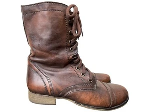 Steve Madden Troopa Combat Boots Women's 7M Brown Leather Cap Toe Zip Prairie - Picture 1 of 7