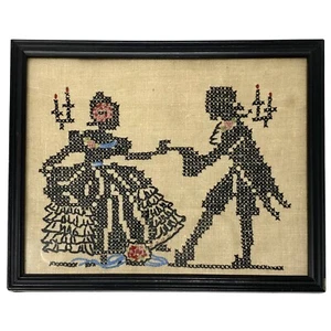Antique Courting Couple Silhouette Needlepoint Dance Framed Under Glass - Picture 1 of 12