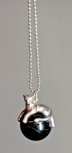 Vintage Sterling Silver (.925) Necklace with Cat Theme on Onyx Halloween Witch - Picture 1 of 7