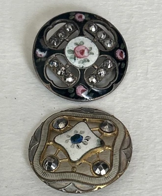 2 Antique Victorian Button Floral Blue Enamel Red Pink Rose Cut Steel Palmette - Image 1 of 4