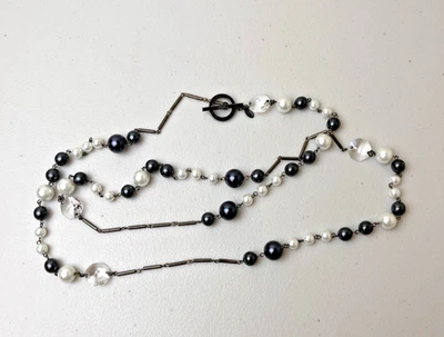 Furla Pewter Tone Rhinestone, Faux Gray & Ivory Pearl Long Station Necklace 51" - Image 1 of 4