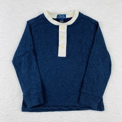 POLO RALPH LAUREN Henley Shirt Boys 4 Navy L/S Placket Band Collar Preppy Pony - Image 1 of 4