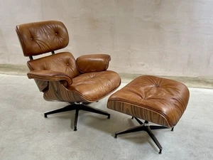Eames Style Lounge Chair & Ottoman Brown Tan Leather Accent Vintage DEL POSSIBLE - Picture 1 of 23