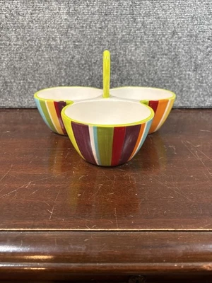 Crate & Barrel ~ Carnival/Raya 条纹 ~ 3 段调味品服务器托盘带手柄 — 第 1/4 张图片