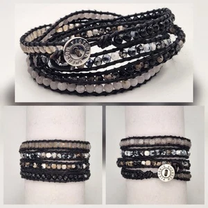 Victoria Emerson Wrap Bracelet Black Leather Faceted Crystal & Stone Beads - Picture 1 of 5