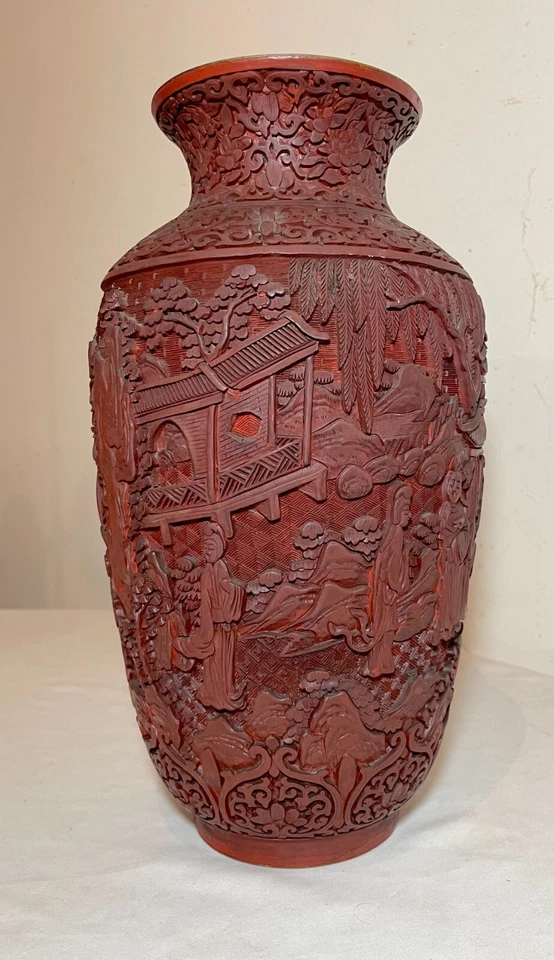 GRAN antiguo siglo XIX chino tallado laca roja cinabrio figurativo jarrón urna Foto 1 de 4