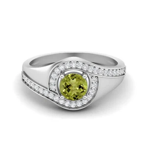 Round Natural Peridot 925 Sterling Silver Solitaire Halo Bypass Swirl Women Ring - Picture 1 of 6