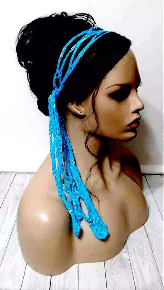 ganchillo mujer hecho a mano diadema pelo bufanda boho corbata envoltura frambuesa azul nuevo Foto 1 de 2