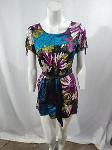 MONZÓN Top Azul Negro Morado Estampado Seda Manga Corta Cuello Redondo Cinturón Talla 12 - Imagen 1 de 4