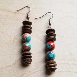 Multi-Colored Turquoise and Wood Earrings - Picture 1 of 3