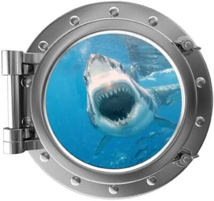 PortScape Great White Shark Attack Ocean Porthole Window Wall Decal Wall Sticker - Picture 1 of 6