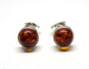 Handmade 925 Sterling Silver 7mm Round Cognac Amber Stud Earrings with Gift Bag