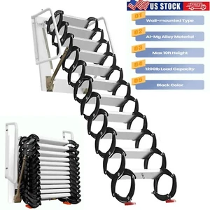 Wall-mounted Attic Ladder Pull Down 12 Steps Folding Loft Stairs for Garages,New - Picture 1 of 9