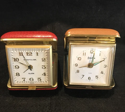Vtg Travel Clock Collection Lot of 2 Westclox Red Works Landau Brown Parts Cover