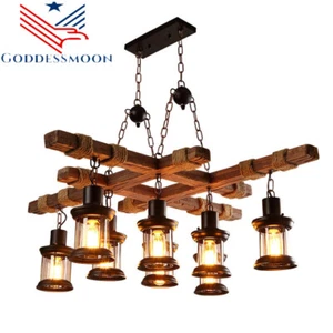 8-Light Rustic Country Chandelier Wood Pendant Lamp Industrial Ceiling Fixture - Picture 1 of 12