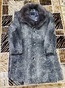 New Men's Grey Persian lamb fur long coat with mink fur collar men Handmade 5XL - Picture 1 of 5