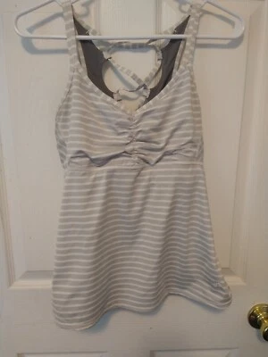 Camiseta sin mangas PrAna de filamento a rayas yoga espalda cruzada gris/blanco para mujer mediana  Foto 1 de 4