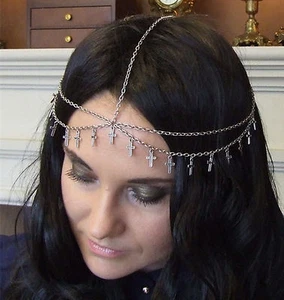 Women Metallic Silver Bohemian Retro Cross Chain Party Head hair headband Tassel - Picture 1 of 4