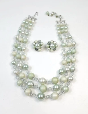 Collar y pendientes racimo aurora boreal triple hilo de colección clip años 50 Foto 1 de 4