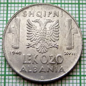 ALBANIA Vittorio Emanuele III 1940 0.20 LEK WWII Occupation COINAGE, Magnetic - Picture 1 of 6