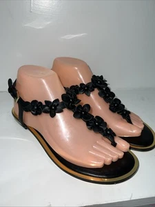 Michael Kors Tricia Thong Admiral Blk/Gold Leather Sandal Floral Design SZ 7.5 M - Picture 1 of 17