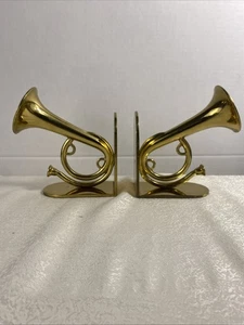 Vintage French Horn Brass Bookend Musical Instrument Orchestra Made in England - Picture 1 of 16