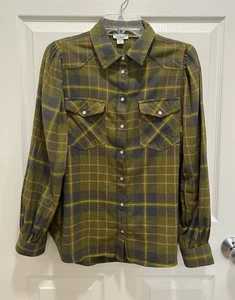 Camisa de franela a cuadros a presión SUNDANCE perla verde abullonada hombro para mujer talla mediana - Imagen 1 de 7