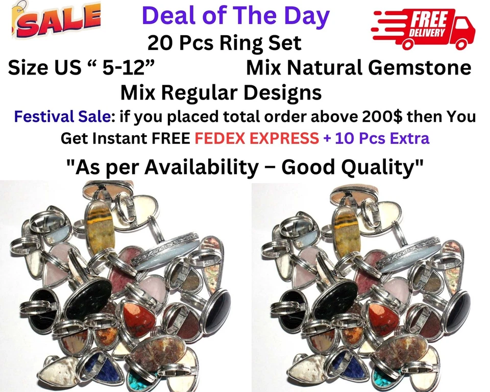 20 Pcs Ring Mix 925 Silver Plated Natural Gemstones Mix Designs Us 5-12 Size e82 - Image 1 of 4
