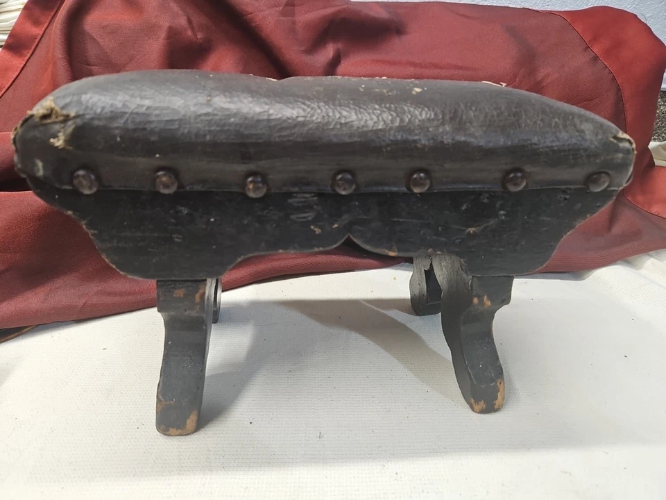 Antique,  Handmade Foot Stool.  Great Details. True Craftsmanship. Leather Top. - Image 1 of 4