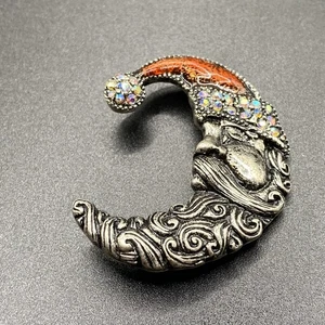 Vintage Brosche silberfarben Strass Halbmond Emaille Weihnachten Mond - Bild 1 von 7